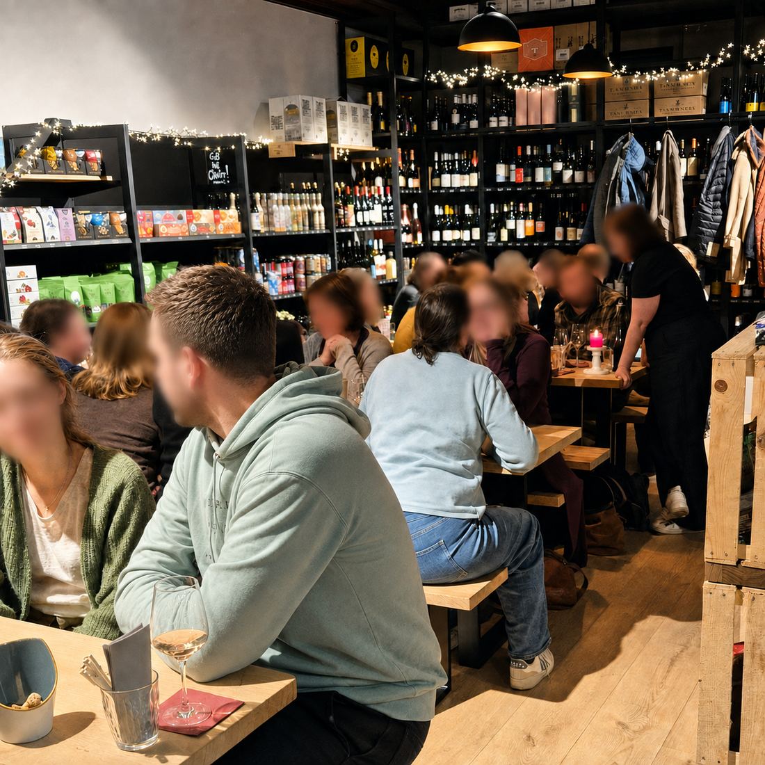 Gäste bei einem Tasting-Abend zwischen den Weinregalen bei Genusswerte Bonn