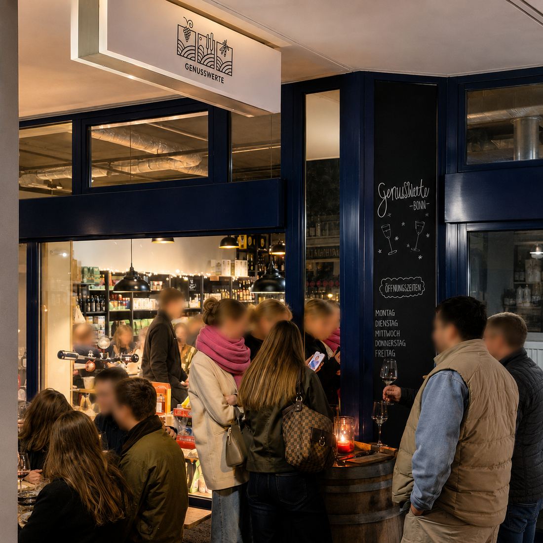 Genusswerte Bonn von außen bei einem Event, Gäste vor dem Laden